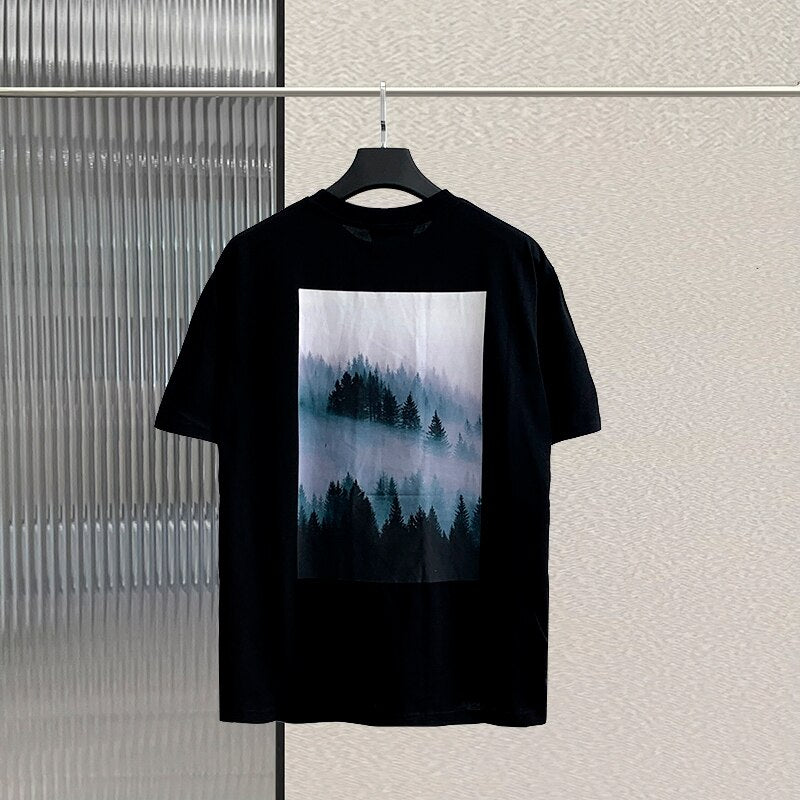T-Shirts Men's High Street Hip Hop Loose Tees  Oversize Unisex 100% Cotton back landscape print T-Shirt