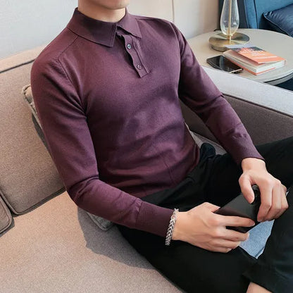 saferido Summer Mens Long-Sleeved Knitted Casual POLO Shirts Contrast Color British Slim Fit Lapel POLO Shirt Men Clothes S-3XL