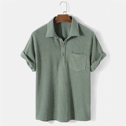 Summer Mens Casual Plaid Polo Shirts Top Turn-Down Collar Button Blouse Short Sleeve Solid Pocket Blouse Shirt Men Clothing