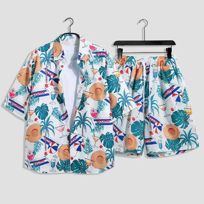 Mens Fashion Print Sets Short Sleeve Shirt+Shorts 2Pcs Suit Loose Summer Casual Beachwear Male Vacation Hawaiian Outfits