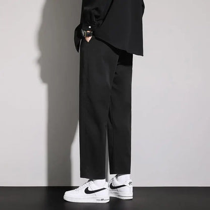 saferido Summer New Korean Trendy Loose Versatile Casual Straight Pants Men Solid Elastic Waist Drawstring Pocket Thin Wide Leg Trousers