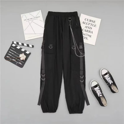 saferido New Men Streetwear Two-piece Suit Splice Chain Long Sleeve+Ribbon Chain Pants Harajuku Cargo Pants 2 Piece Sets Mens Outfits