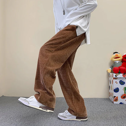 saferido Korean Fashion Corduroy Men's Casual Pants White Loose Straight Wide Leg Pants Spring New Street Casual Sports Pants 3XL