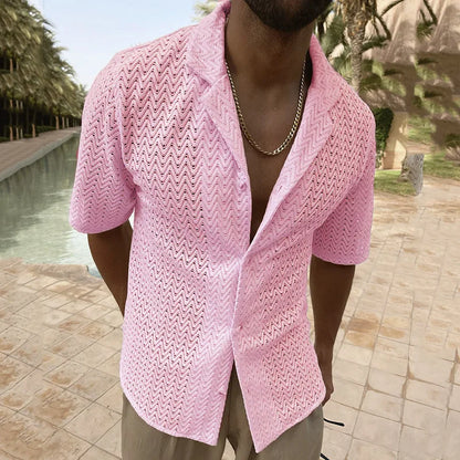 saferido Spring Summer Fashion Hollow Out Knit Shirts Men Solid Color Short Sleeve Button Lapel Tops For Mens Clothes Leisure Shirt