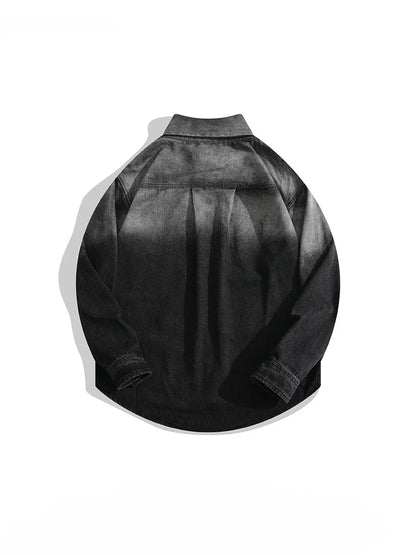 Men's Lapel Handsome Black Grey Gradient Denim Shirt Jacket Spring Autumn Trendy Street Casual Versatile Single-breasted Shirts