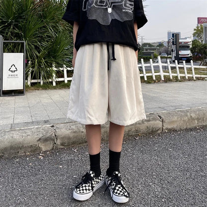 saferido Brown Corduroy Shorts Oversized Baggy Five Point Trousers Summer Korean Fashion Wide Leg  Ins Hip Hop Bottoms Men
