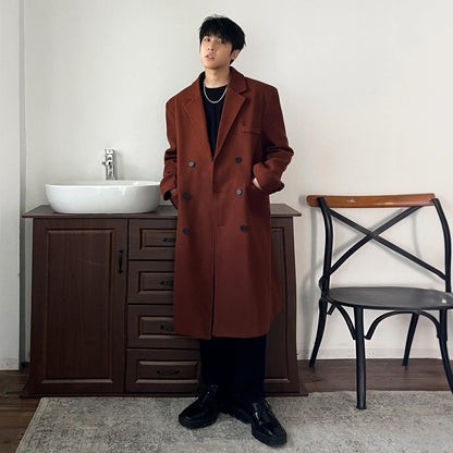 saferido Winter Long Trenchcoat Men Korean-style Solid Double Breasted Woolen Coat Loose Casual Trench Outwear Solid Color Overcoats