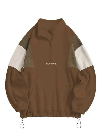 Hoodie for Men Fluffy Polar Fleece Sweatshirts New York Embroidery Turtleneck Hoodies Pullover Color Block Zipper Sweats
