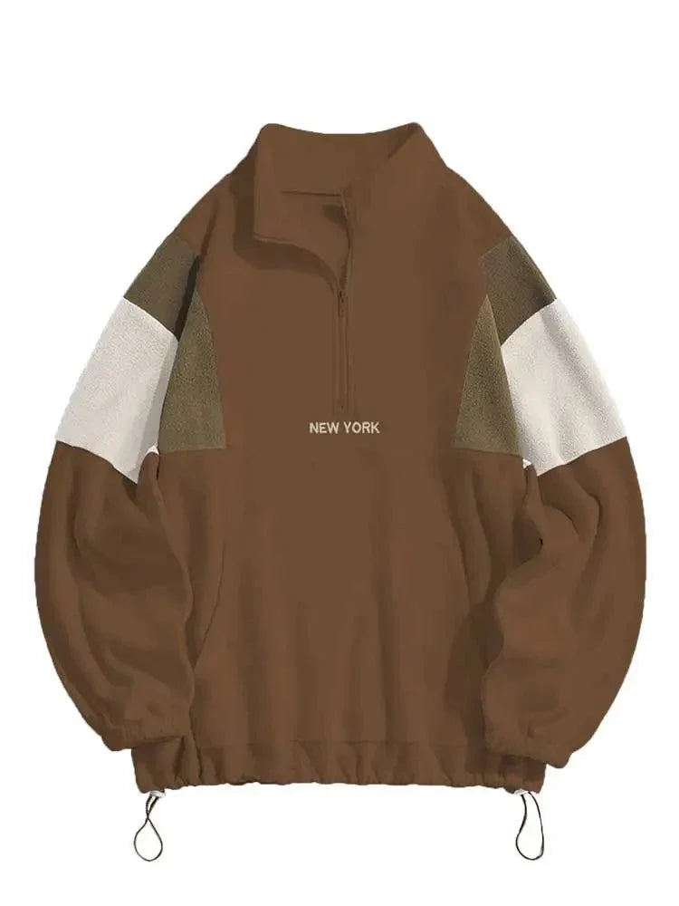 Hoodie for Men Fluffy Polar Fleece Sweatshirts New York Embroidery Turtleneck Hoodies Pullover Color Block Zipper Sweats