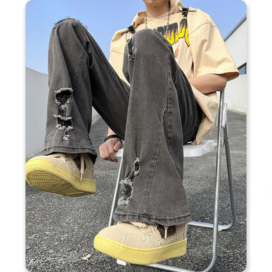 saferido American High Street Vibe Micro Flared Pants Men Stretch Ripped Jeans Loose Fashion Straight Streetwear Fall Guys Black Jean Men