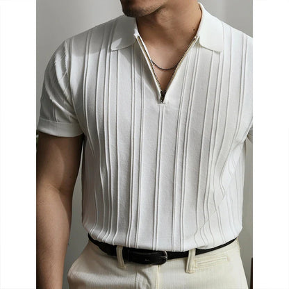 Summer Men's Clothing Light Luxury Zipper Polo Shirt Korean Solid Color Short Sleeve Retro Fashion Streetwear Leisure Knitwear