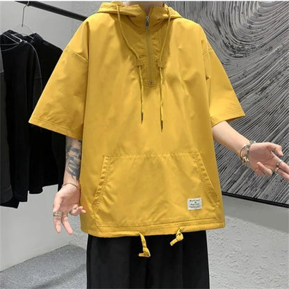 saferido Men's Summer Hoodies Casual T-shirt Solid Color Harajuku Style Hooded Tshirts Male Loose Pullovers