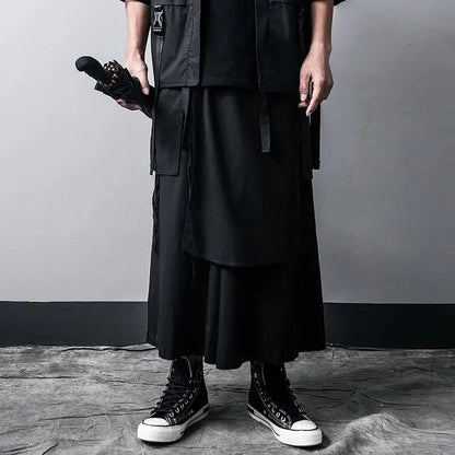 saferido Techwear Wide Leg Pants Punk Gothic Black Trousers Male Goth Cotton Linens Summer Japanese Style Streetwear Hip Hop