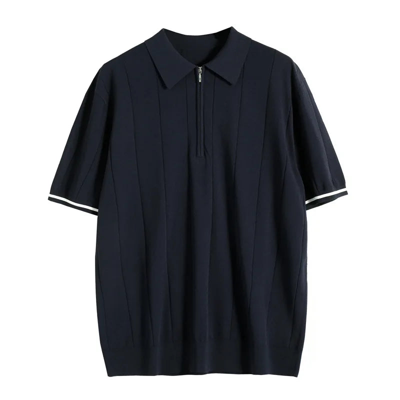 Men's Casual Zipper Polo Shirt Solid Color Texture Lapel Breathable  Leisure Tees for Men Summer Light Luxury Knitwear New