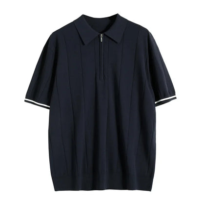 Men's Casual Zipper Polo Shirt Solid Color Texture Lapel Breathable  Leisure Tees for Men Summer Light Luxury Knitwear New
