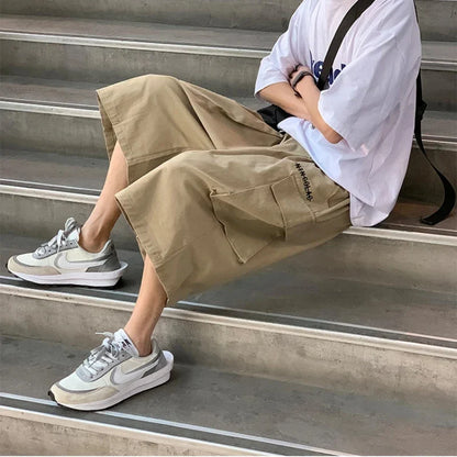 saferido Casual Cargo Pants Men Calf-length Letter Oversize All-match Baggy Wide Leg Trousers High Street Hip Hop Trendy Harajuku Chic