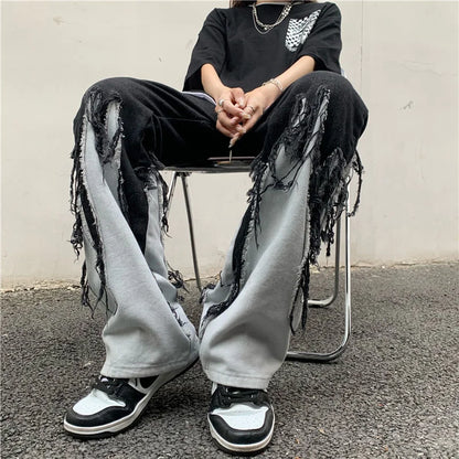 saferido Loose Stitching Tassel Straight Jeans Four Seasons Street Washing Hip Hop Street Slim Pants Casual Wild Denim Trousers Oversize