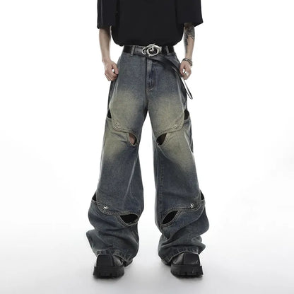 Wide Leg Jeans Pants Men Streetwear Baggy Distressed Denim Trousers Male Oversize Hollow Out Casual Korean Hip Hop