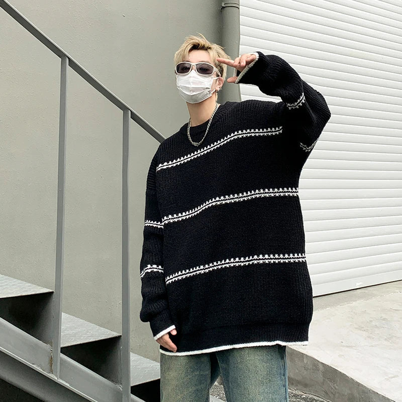 saferido Men Streetwear Harajuku Vintage Knitwears Oversized Knitted Sweater Winter Korean Fashions Striped Sweaters Pullovers