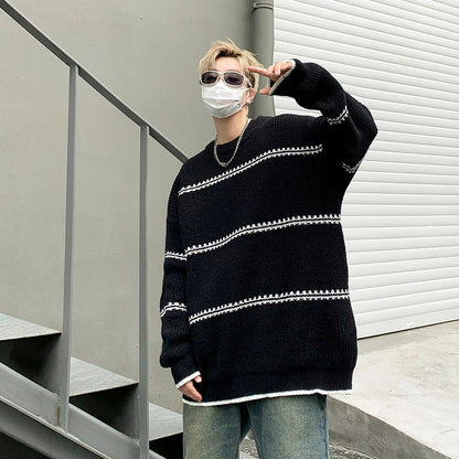 saferido Men Streetwear Harajuku Vintage Knitwears Oversized Knitted Sweater Winter Korean Fashions Striped Sweaters Pullovers