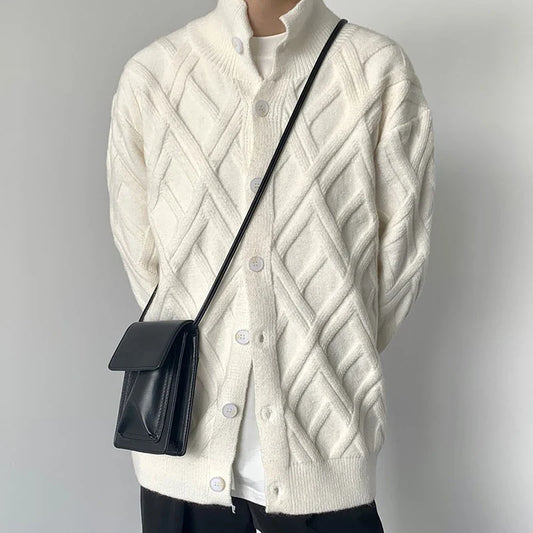 Men's Luxury Knitted Jacquard Turtleneck Sweater Long Sleeve Casual Streetwear Cardigan Buttons Solid Color Vintage Knitwear