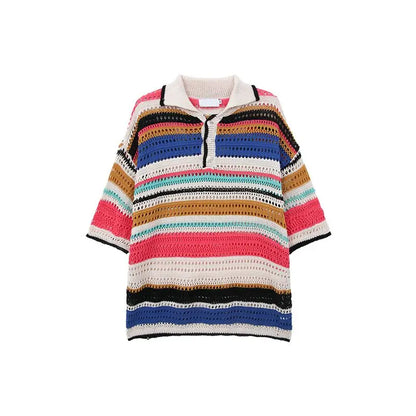 saferido American retro striped contrasting knitted polo shirt loose summer new style lapel casual short sleeved men and women T-shirt