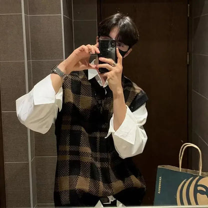saferido Knitted Sweaters for Men Plaid V Neck Man Clothes Waistcoat Sleeveless Vest Casual Korean Autumn Y2k Streetwear Elegant