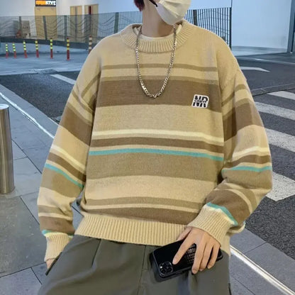 saferido Literature and Art Men's Loose Stripe Round Neck Knitwear Men's Autumn Oversize Lazy Sweater men coat winter clothes sweter