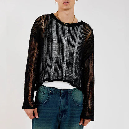 saferido Spring Autumn New Sweater T-shirts For Men Elastic Hollow Slinghtly Transparent Long Sleeve Loose Versatile Knitting Tees Tops