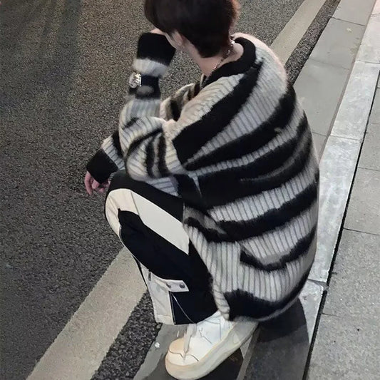 saferido Mens Thin Knitted Sweater Daily Personality Trend Casual All-Match Soft Contrast Striped Top Men'S Clothing 2024 Spring Autumn