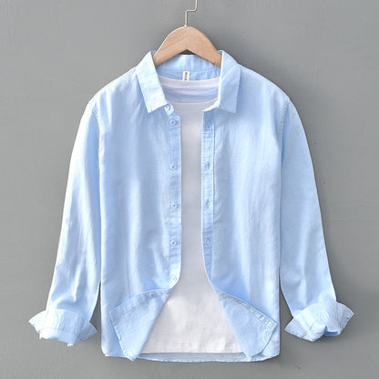Green Cotton Linen Casual Shirts For Men Basic Classic Long Sleeve Turn-down Collar Breathable Clothing