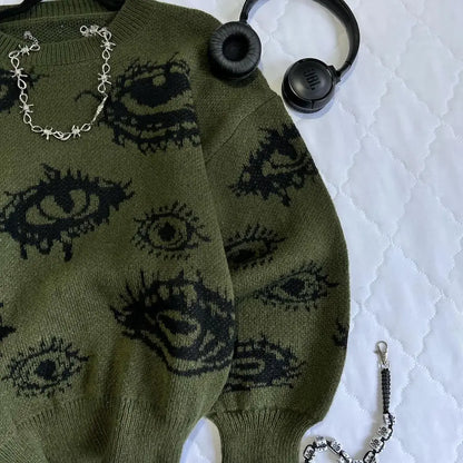 saferido Gothic Punk Oversized Eye Pattern Sweaters for Men and Women Autumn and Winter Thickened Sweatshirts Knitted Sweater Streetwear