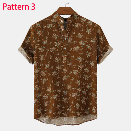 Summer New Short Sleeve Floral Hawaiian Shirt Men Half Placket Collar Beach Shirt Men Casual Holiday Vacation Clothing 3XL