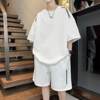 saferido Oversized Tracksuit Men New Korean High Street Fashion Zipper Design T-shirt Shorts Two Pieces Sets Mens Streetwear Men Clothes