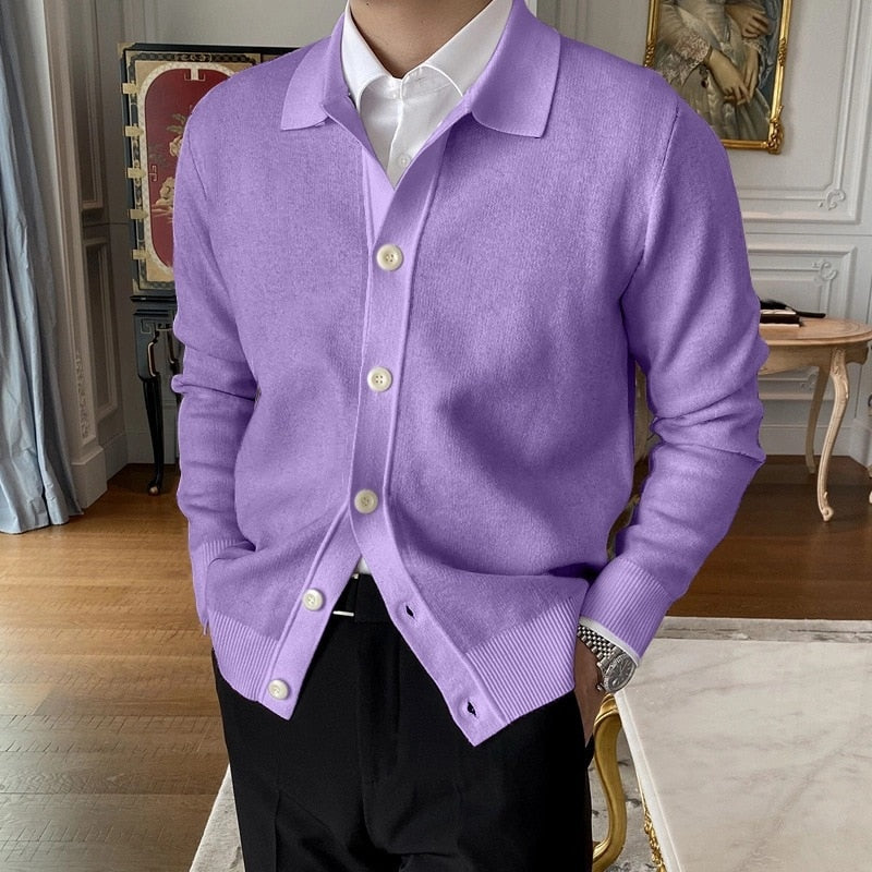 saferido       Spring  Men's Pure  Lapel Knitted Sweater  Collar Daily Casual Long Sleeve with Button Solid Korean Style Tops