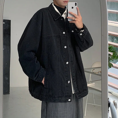 New Jacket Men's Spring and Autumn Denim Coat Korean Version On Clothes Young Student Lapel Fashion Casual Loose Tide Men