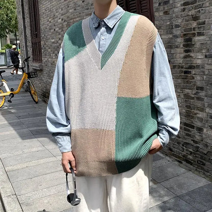 saferido Autumn New Sleeveless Knit Vest Geometric Pattern Pullovers Men's Cashmere Sweater Yellow Oversize Knitted Preppy Style Tops