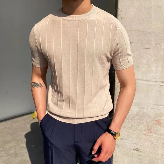 Summer Men Knit Ice silk T shirts High Quality Solid Color Stripe Short sleeve O-neck Tee Tops Mens Thin Slim Fit T-Shirts