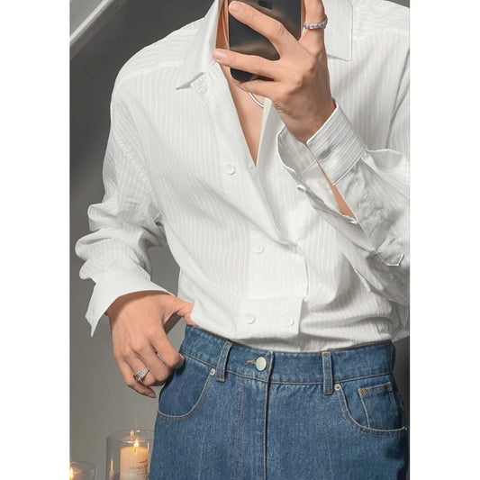High-end Simple Striped Double Breasted Shirt for Men Autumn New Korean Style Trendy Solid Color Long Sleeves Men's Social Shirt