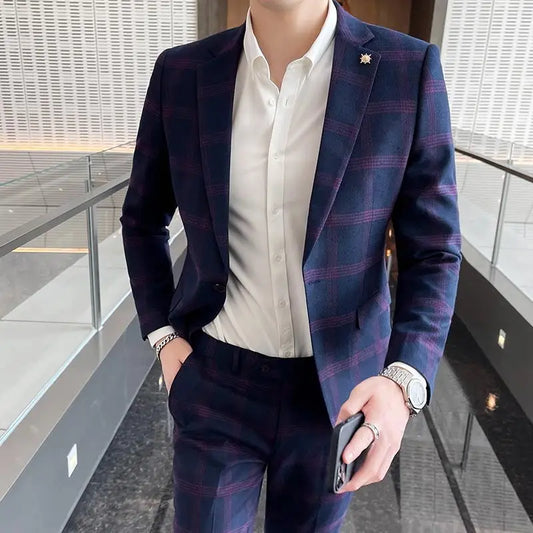 Boutique 5XL (Blazer + Trousers) Men's Fashion Business Casual British Style Gentleman Elegant Plaid Dress Formal 2-piece Set