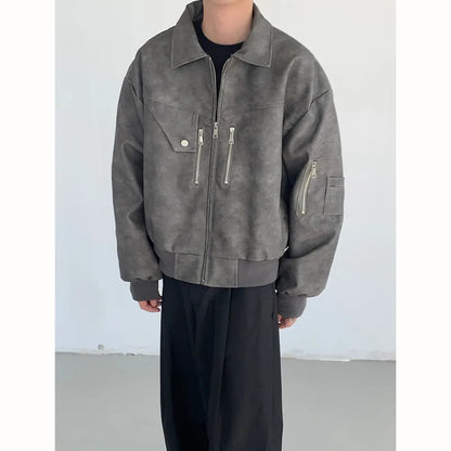 saferido Short Leather Jacket Men Oversized Fashion Casual Motorcycle Jackets Men Streetwear Hip-hop Loose Bomber Jacket Mens Outwear