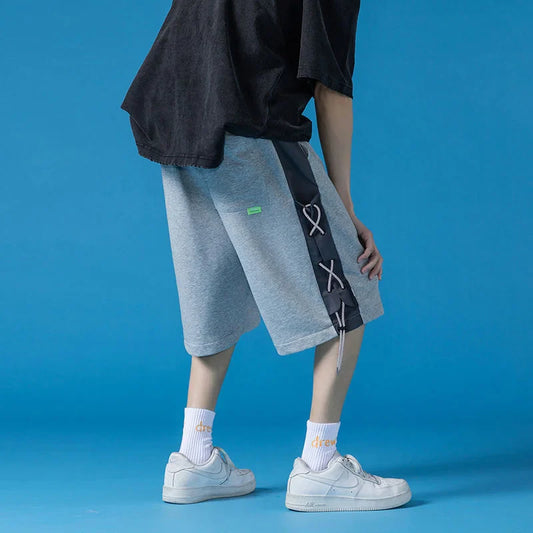 saferido Solid Color Loose Shorts Thin Summer Sports Stitching Straight Wide-leg Casual Pants Oversize Strapped 5-point Sweatpants Men's