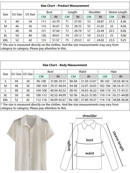 Cotton Sheer Openwork Shirts for Men Sexy Lace Short Sleeves Transparent Shirt Summer Solid Streetwear Tops