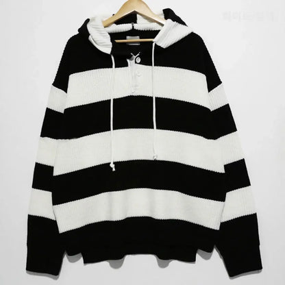 saferido Men's Clothing Pullovers Black Long Knit Sweater Male Striped Hoodies Over Fit Loose Thick Winter Spring Autumn Heated