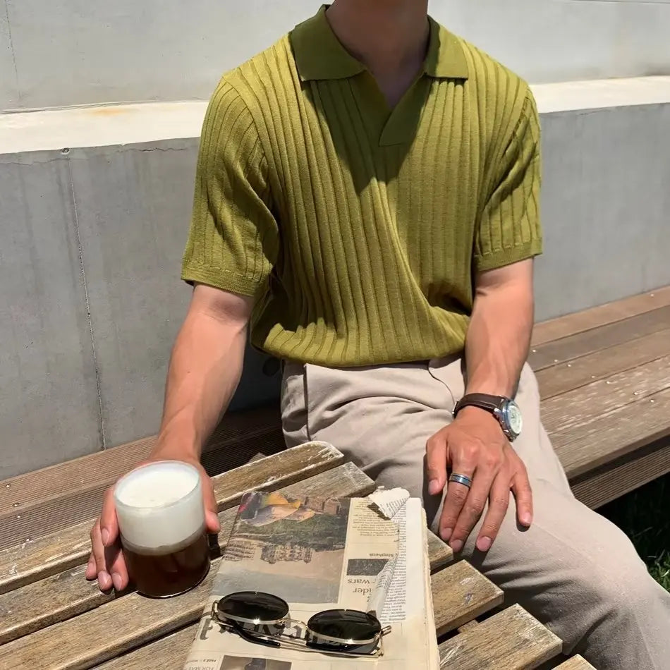 Fashion Solid Color Ribbed Knit Polo Shirt Men Slim Fit half Sleeve Tops Tee  Summer Temperament Youth Polos Tshirts Clothing