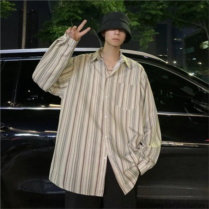 saferido Striped Loose Causal Long Sleeve Shirts Man Button Handsome Turn-down Collar Spring Autumn Office Men's Clothing Green