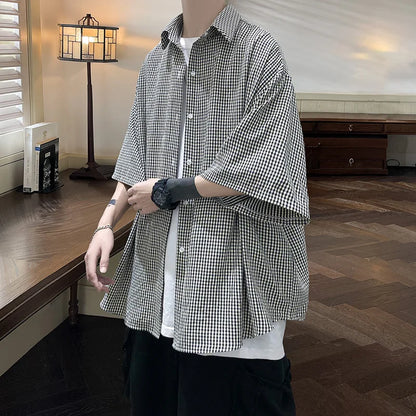 saferido HIP HOP Streetwear Casual Plaid Shirt Men'S Half Sleeve High Quality Loose Spring Summer Fashion Chemise Homme