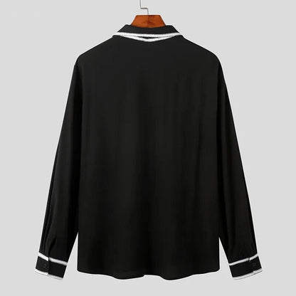 Men Casual Shirt Patchwork Lapel Long Sleeve Korean Style Men Clothing Streetwear Lace Up Elegant Shirts S-5XL