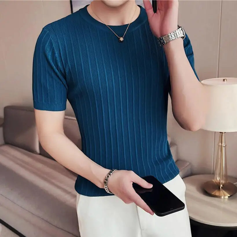 Brand Clothing Men's Summer Leisure Short Sleeve T-Shirt/Male Slim Fit O-Neck Stripe Knitted T-Shirt Plus Size S-4XL