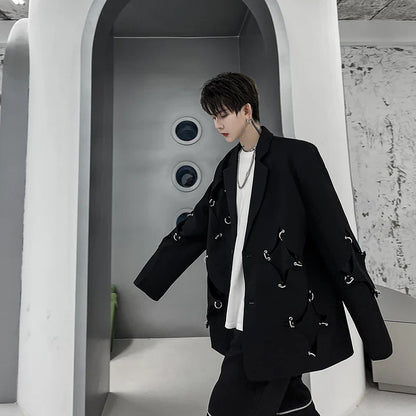saferido Korean Street clothing fashion Spring Men's Irregular Hole Suit Dark Black Male Blazers Korean Fashion Lapel Outwear